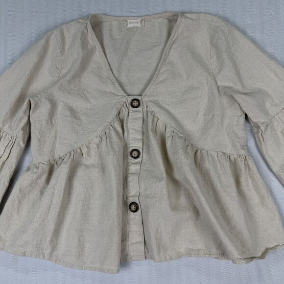 Boho Altar'd State Linen Cream Peasant Top Size M Balloon Sleeve Cottagecore - Picture 4 of 10
